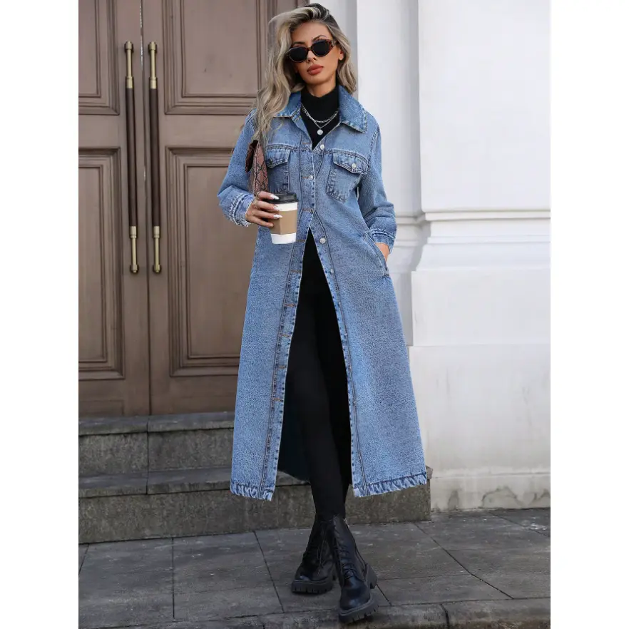 Women's Long Denim Trench Coat - Elegant Casual Outerwear