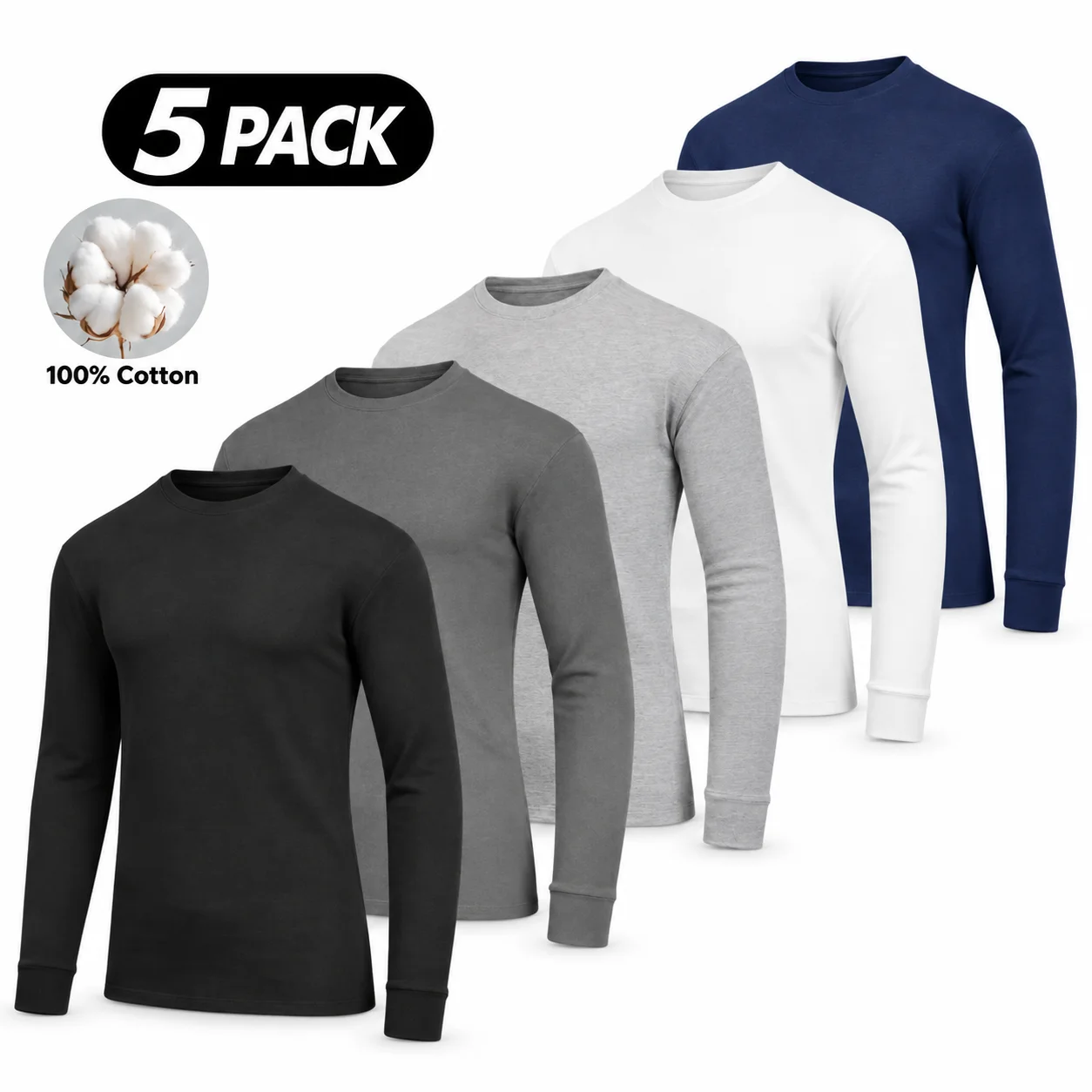 Men's 5-Pack 100% Cotton Waffle-Knit Thermal Shirts – Crew Neck & Henley
