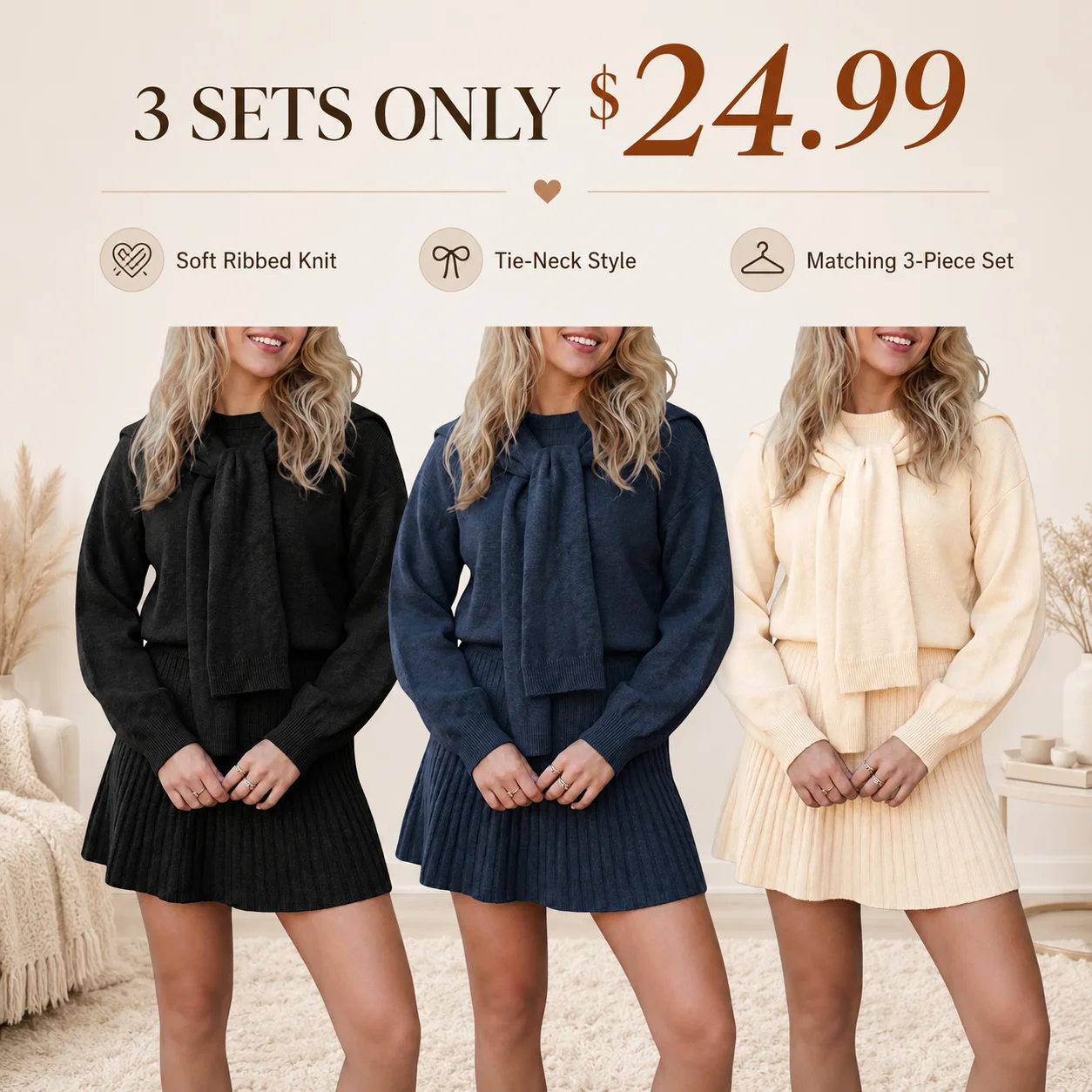 Women's Ribbed Knit Tie-Neck 3-Piece Sweater & Skirt Set