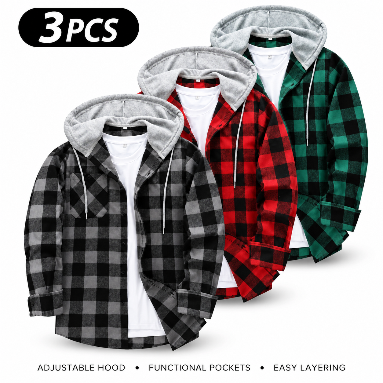 Men's Flannel Plaid Hooded Drawstring Jacket with Pockets