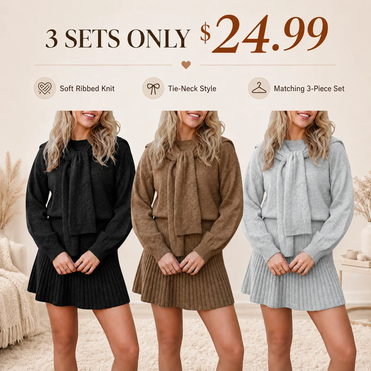 Women's Ribbed Knit Tie-Neck 3-Piece Sweater & Skirt Set
