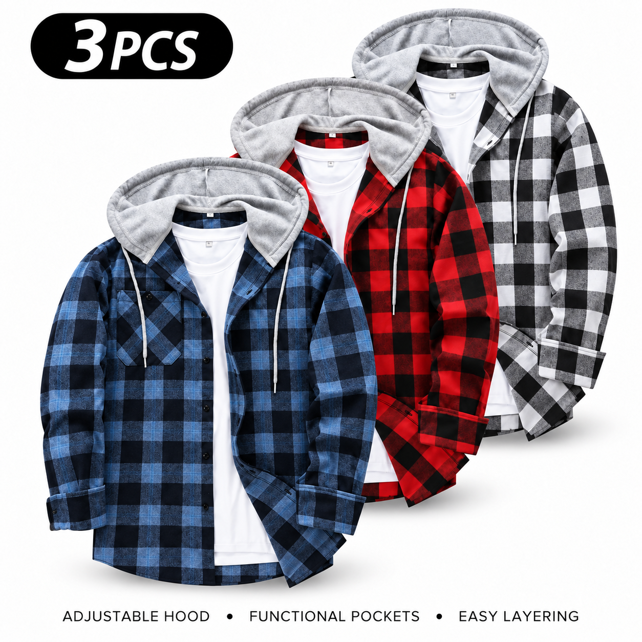 Men's Flannel Plaid Hooded Drawstring Jacket with Pockets