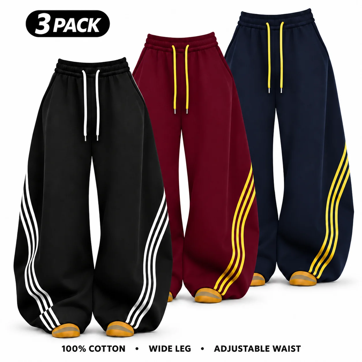 Women's 100% Cotton Retro Three-Stripe Colorblock Wide-Leg Pants with Waist Tie