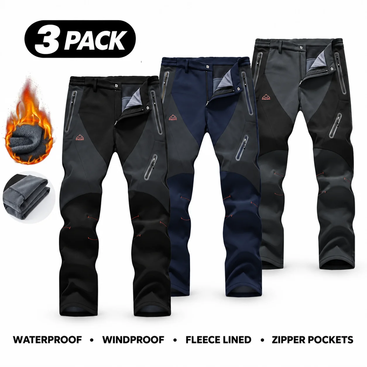 Men's Waterproof Insulated Thermal Softshell Hiking Pants with Zipper Pockets