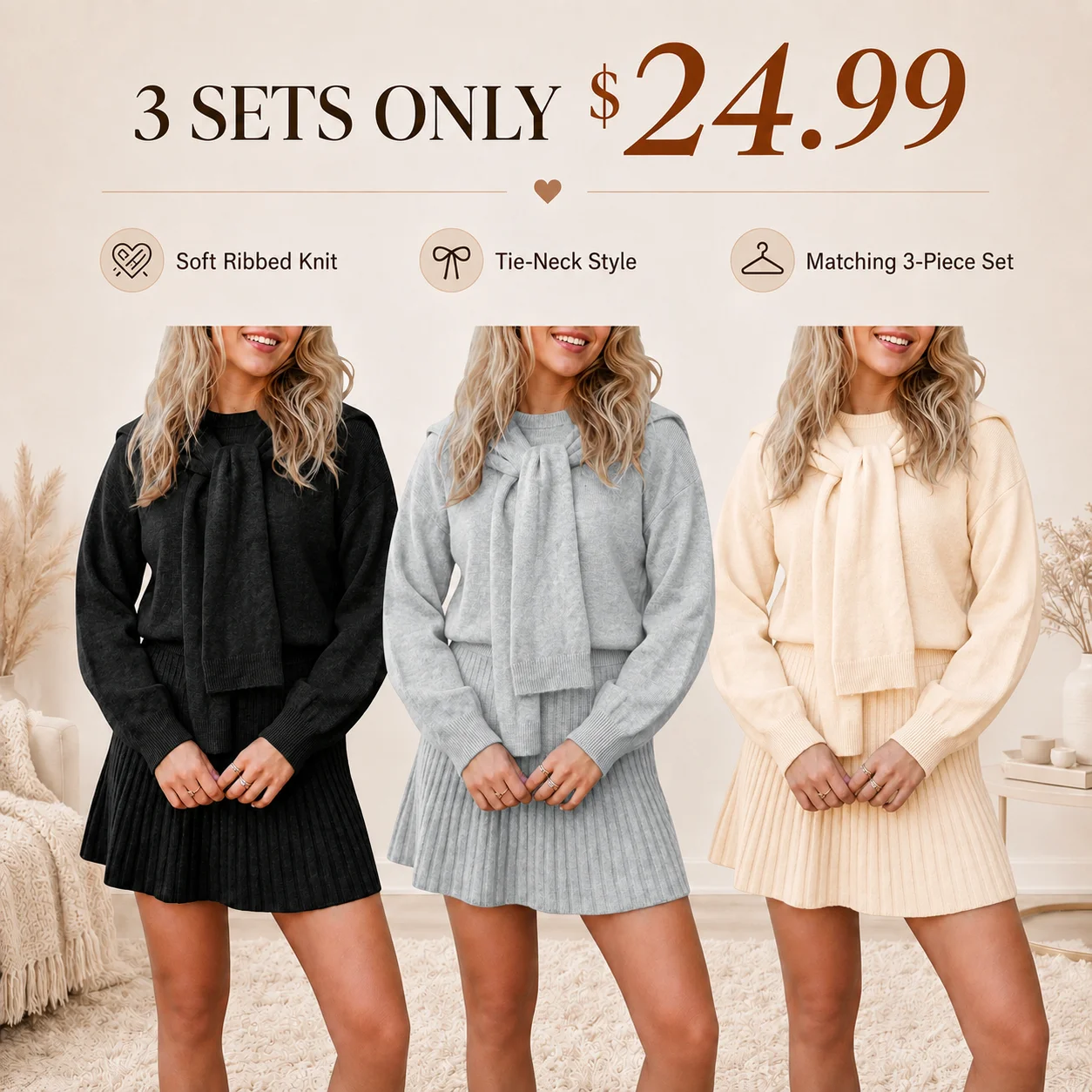Women's Ribbed Knit Tie-Neck 3-Piece Sweater & Skirt Set