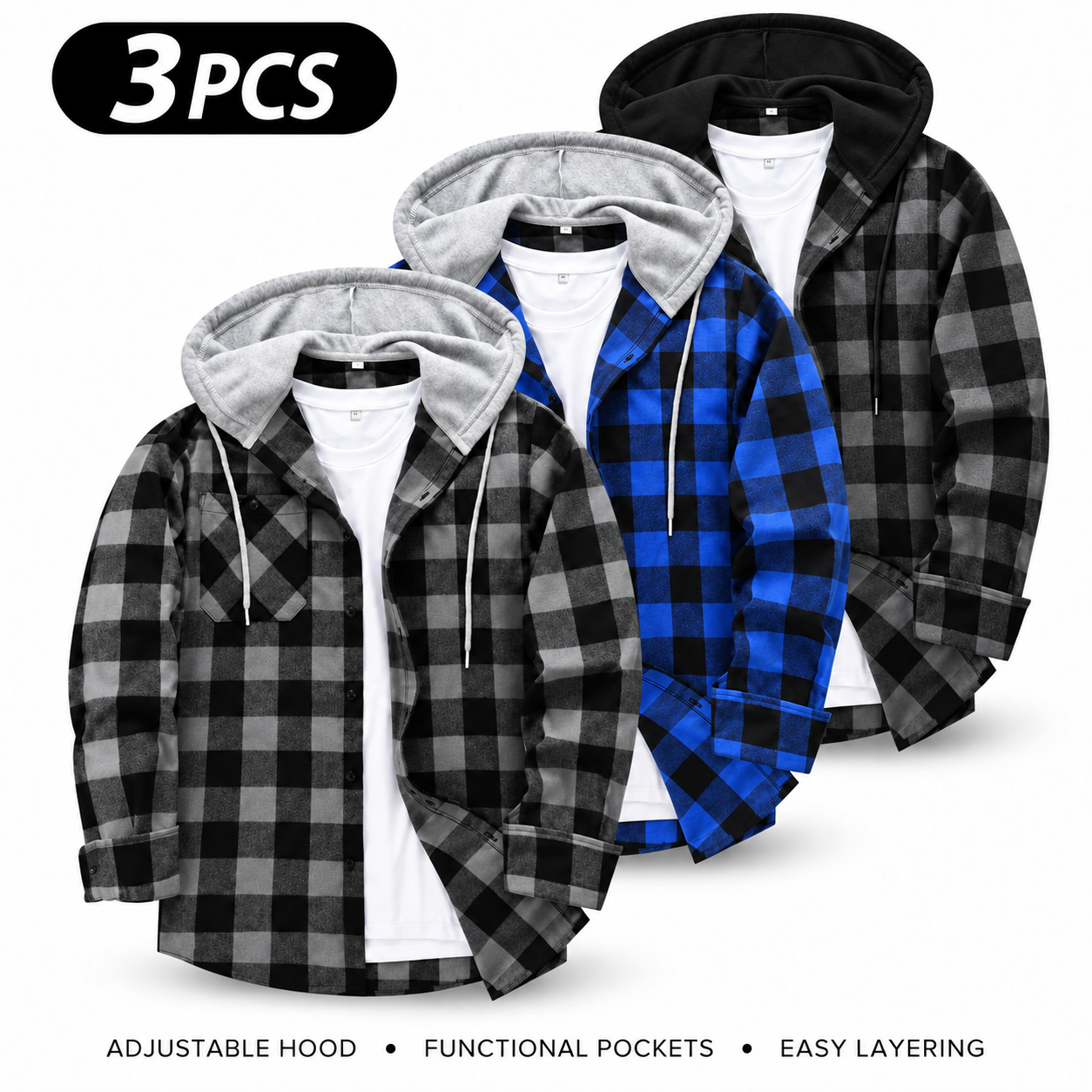 Men's Flannel Plaid Hooded Drawstring Jacket with Pockets