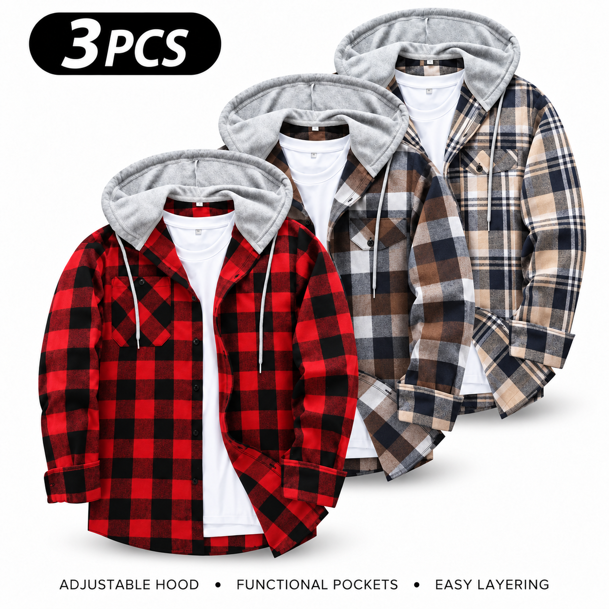 Men's Flannel Plaid Hooded Drawstring Jacket with Pockets