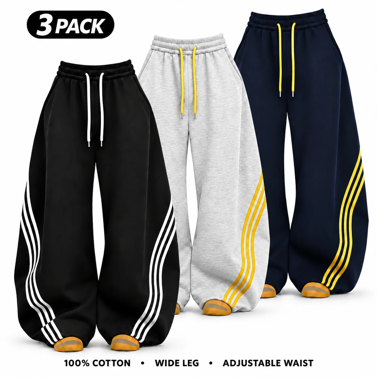 Women's 100% Cotton Retro Three-Stripe Colorblock Wide-Leg Pants with Waist Tie