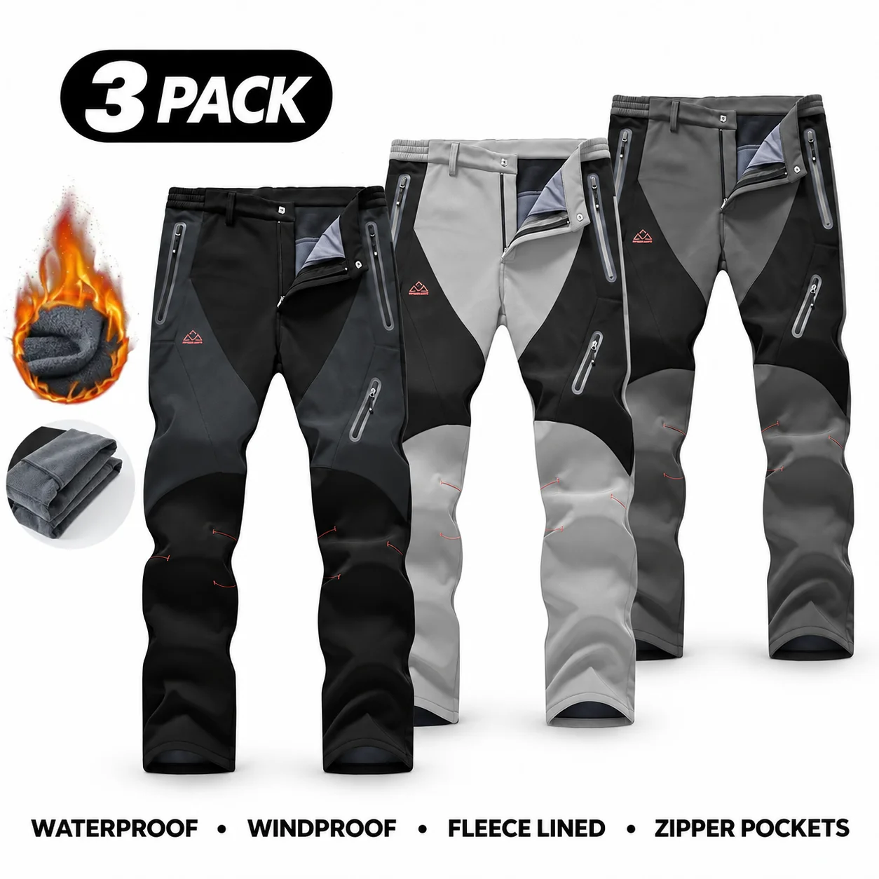 Men's Waterproof Insulated Thermal Softshell Hiking Pants with Zipper Pockets