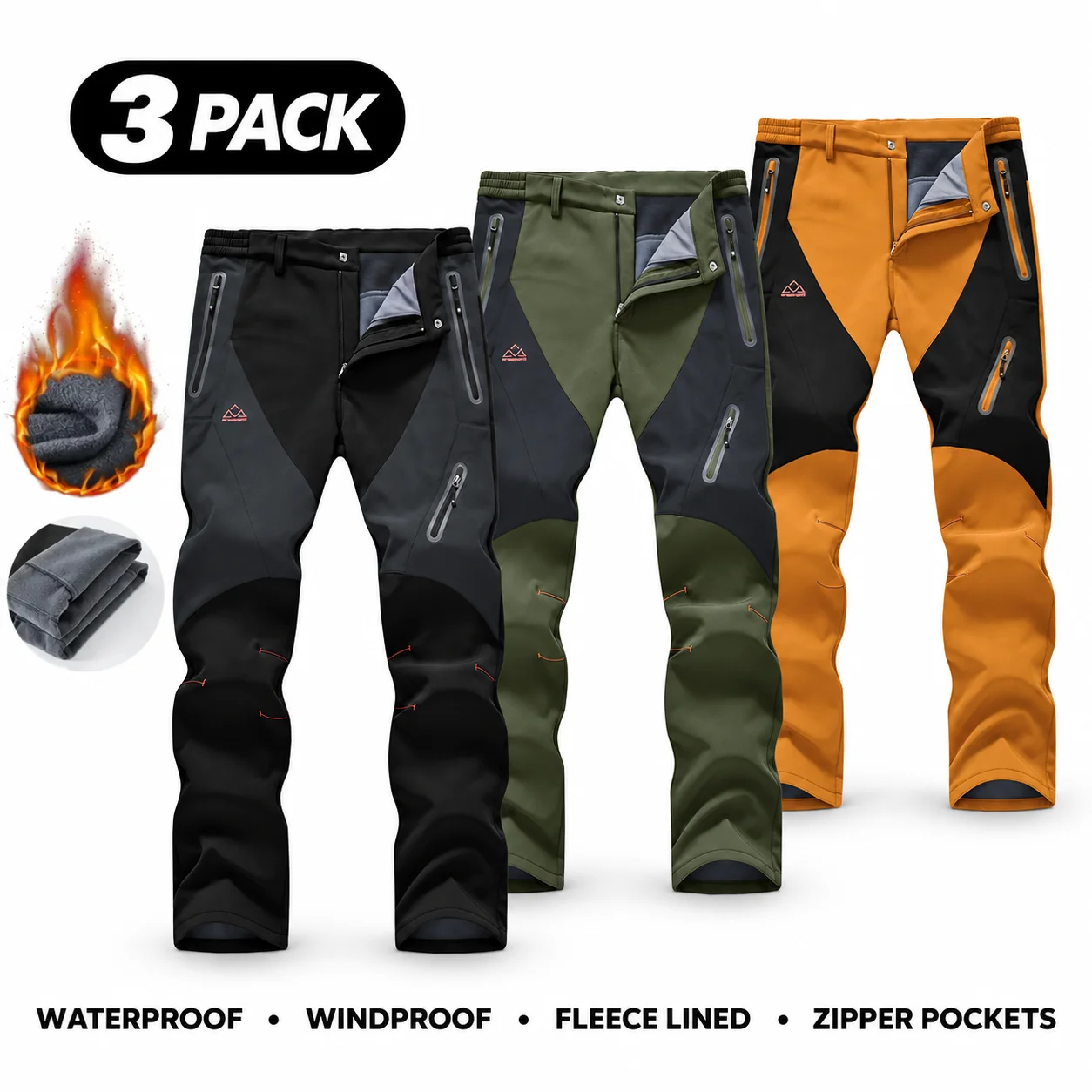 Men's Waterproof Insulated Thermal Softshell Hiking Pants with Zipper Pockets