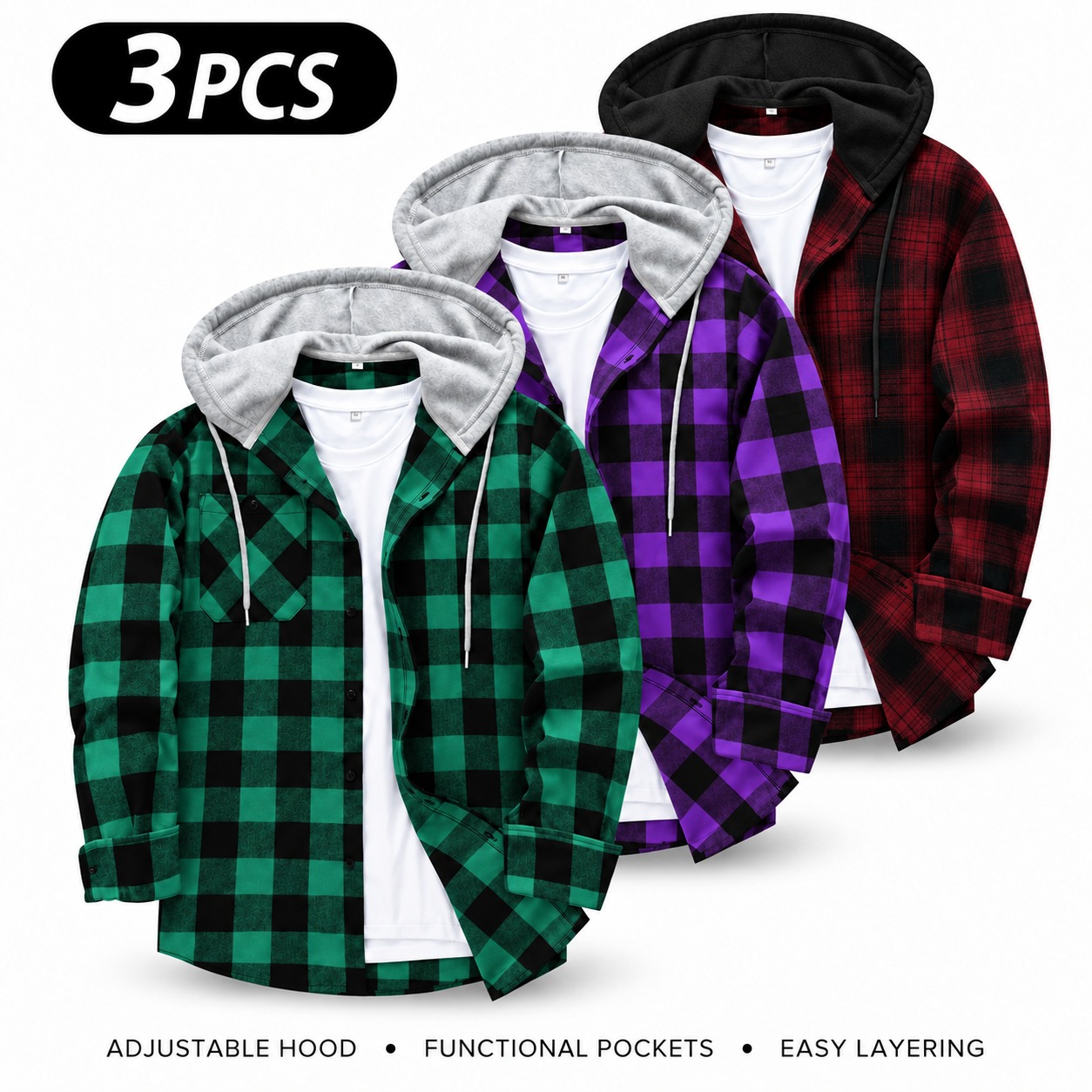 Men's Flannel Plaid Hooded Drawstring Jacket with Pockets