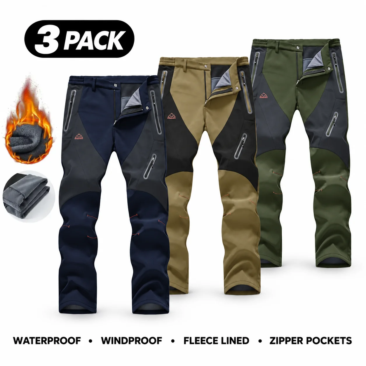 Men's Waterproof Insulated Thermal Softshell Hiking Pants with Zipper Pockets