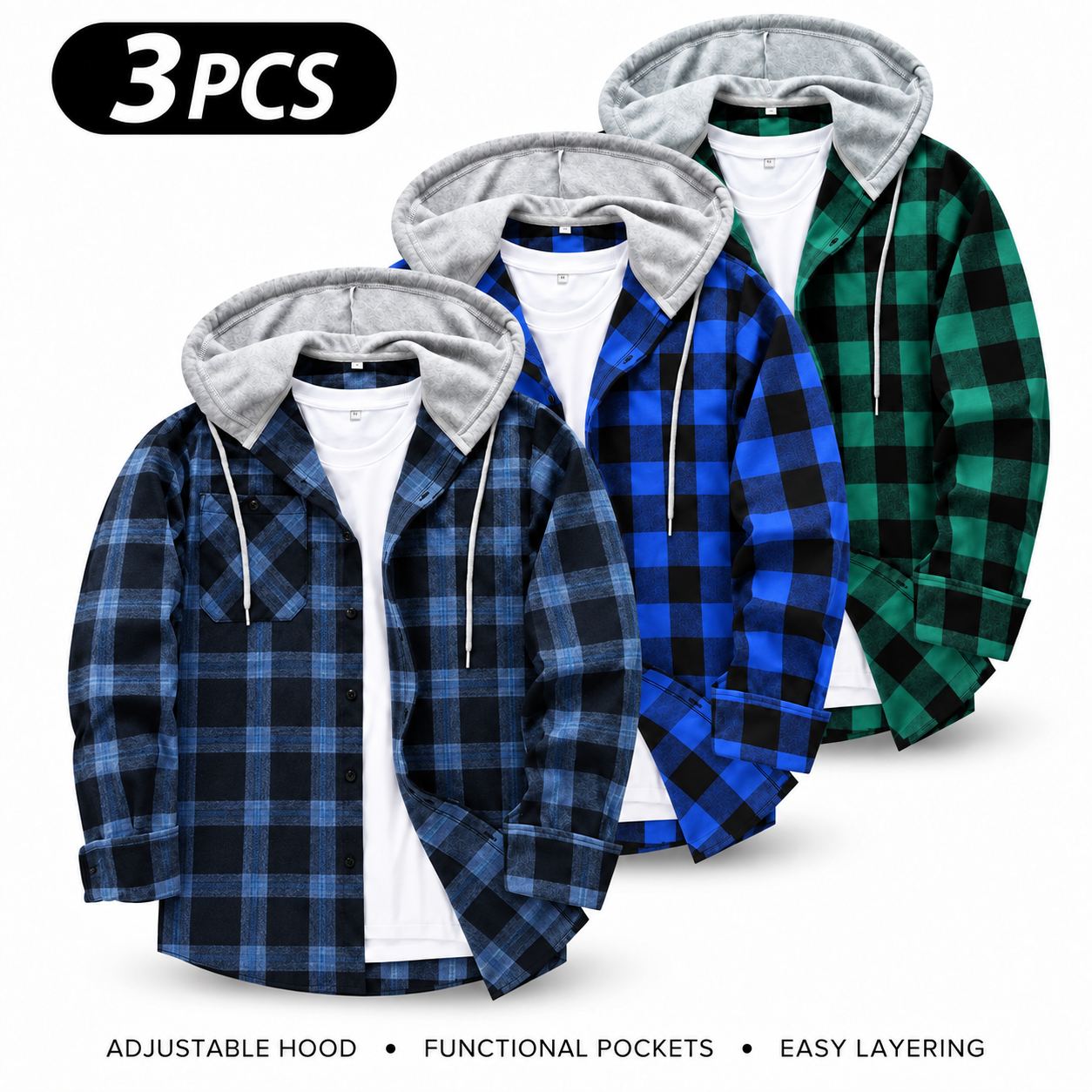 Men's Flannel Plaid Hooded Drawstring Jacket with Pockets
