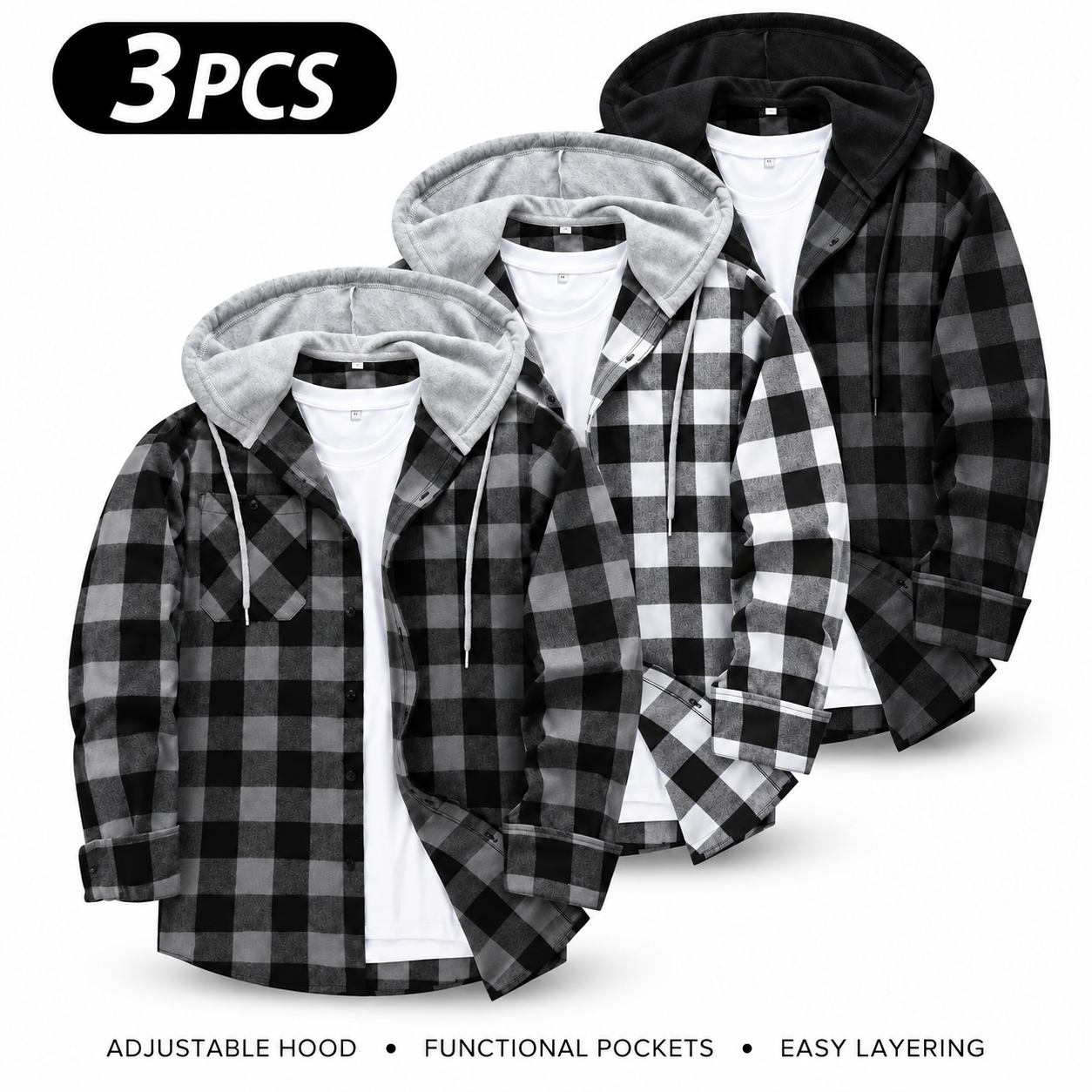Men's Flannel Plaid Hooded Drawstring Jacket with Pockets