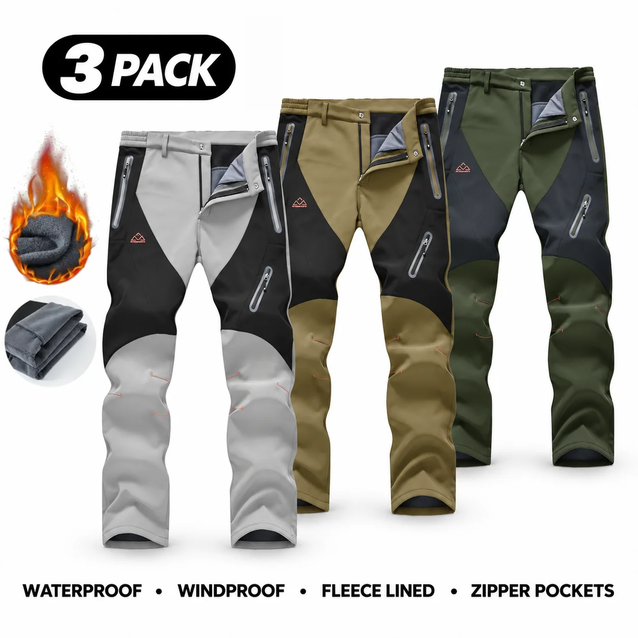 Men's Waterproof Insulated Thermal Softshell Hiking Pants with Zipper Pockets