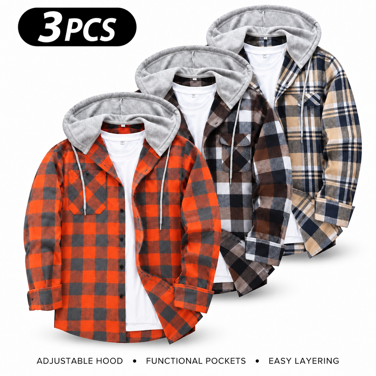 Men's Flannel Plaid Hooded Drawstring Jacket with Pockets