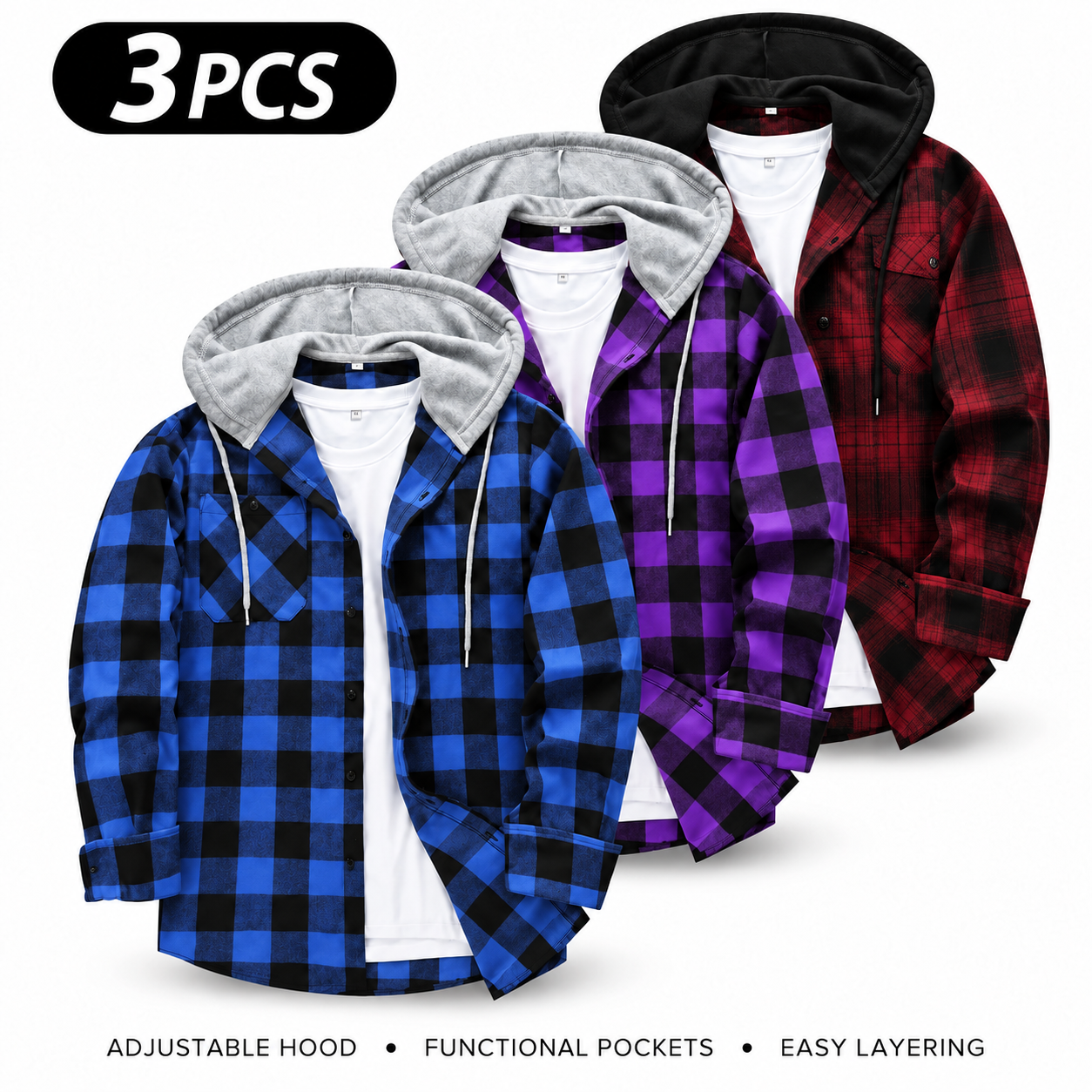 Men's Flannel Plaid Hooded Drawstring Jacket with Pockets