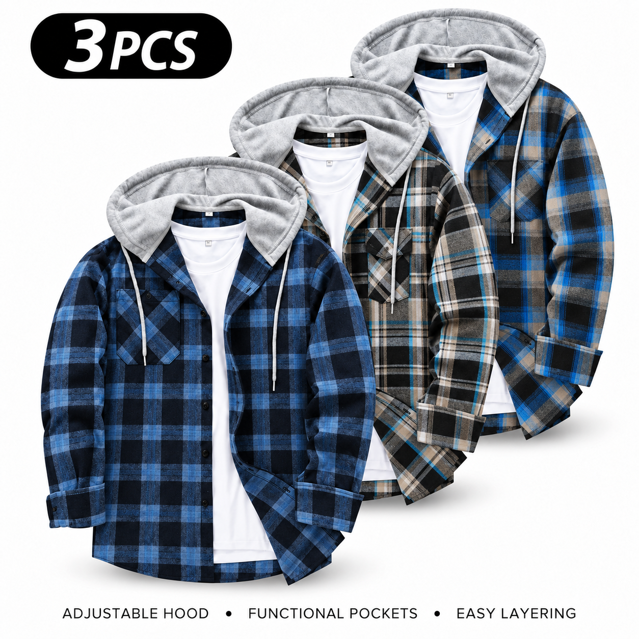 Men's Flannel Plaid Hooded Drawstring Jacket with Pockets