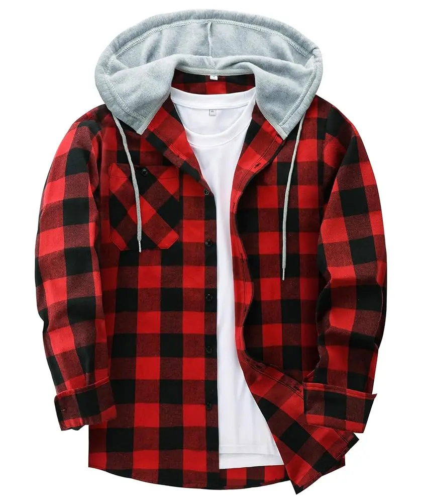 Men's Plaid Hooded Drawstring Jacket with Pockets