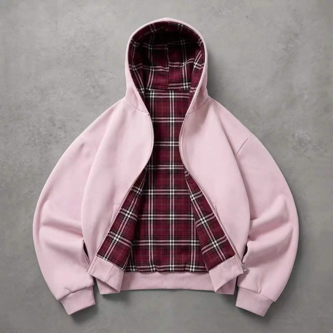 Unisex Cotton Plaid Reversible Hooded Jacket with Pockets
