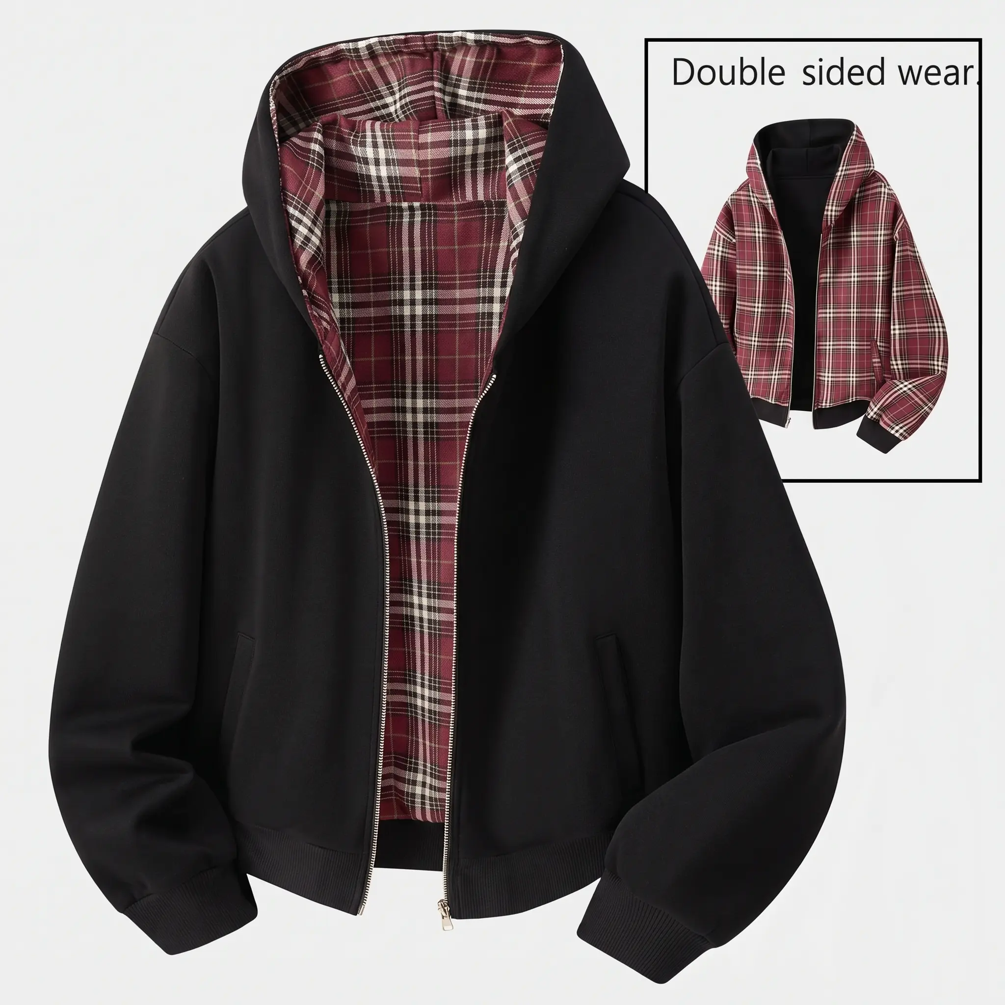 Unisex Cotton Plaid Reversible Hooded Jacket with Pockets