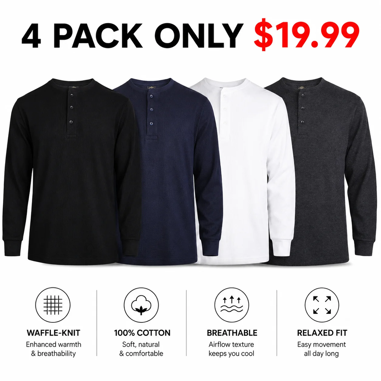Men's Cotton Waffle-Knit Thermal Henley Shirt