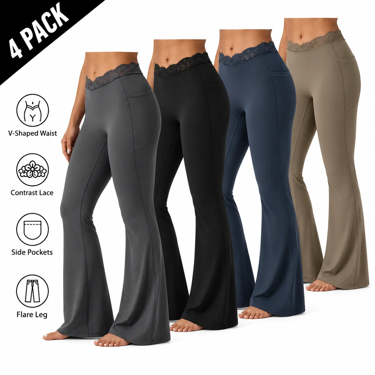 Women's UltraSculpt V-Shaped High Waisted Contrast Lace Yoga Flare Leggings with Pockets