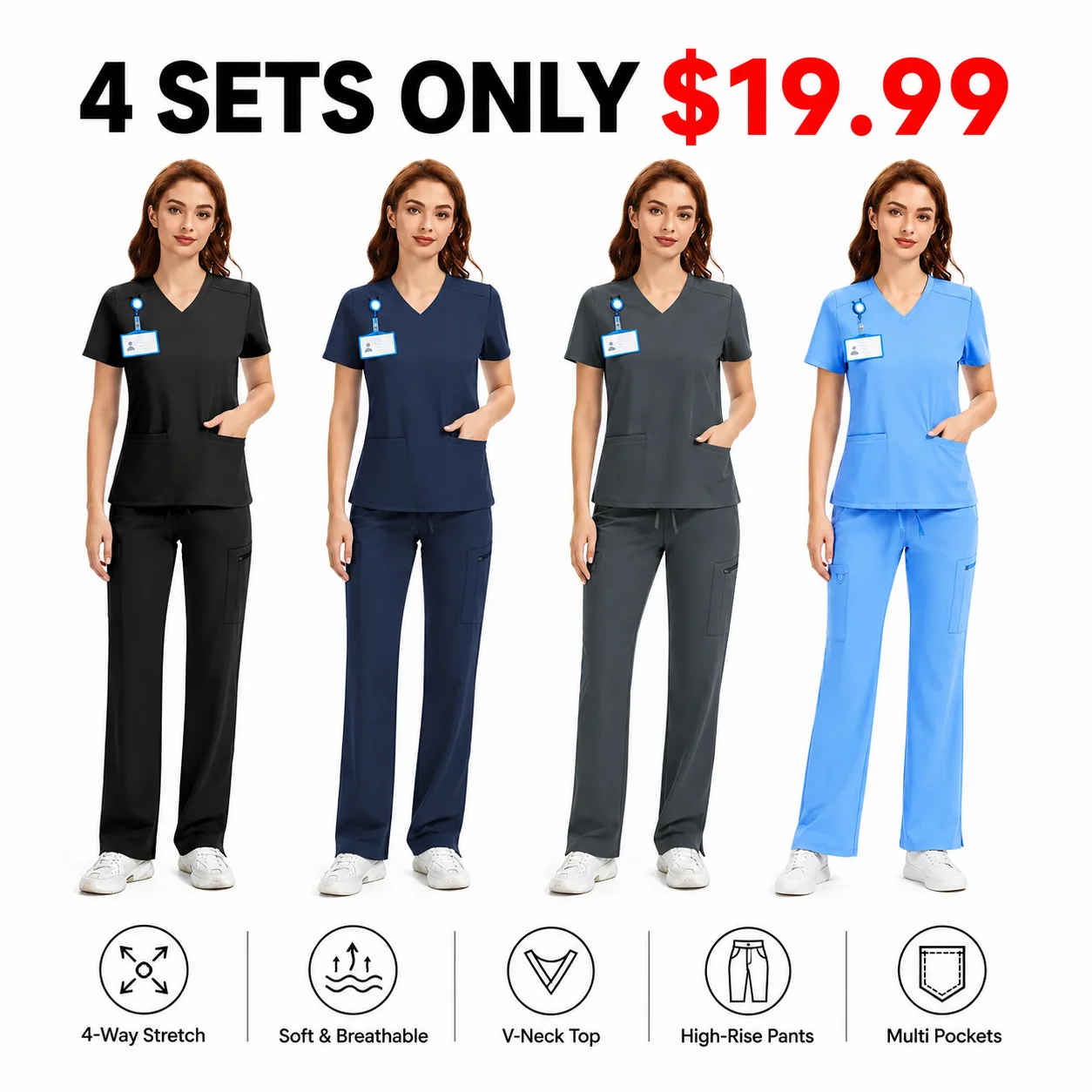 Women's 4-Way Stretch V-Neck Scrub Top & High-Rise Yoga Scrub Pants Set