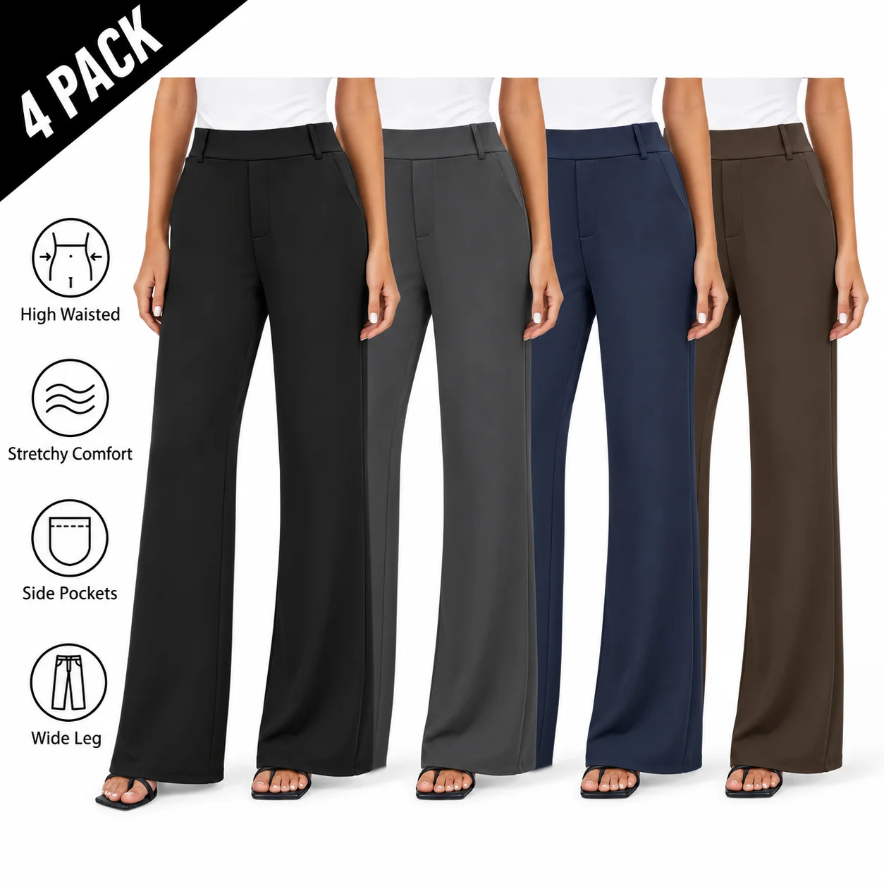 Women's Wide Leg Dress Pants High Waisted Stretchy Work Trousers Business Casual Office Pull on Slacks with Pockets