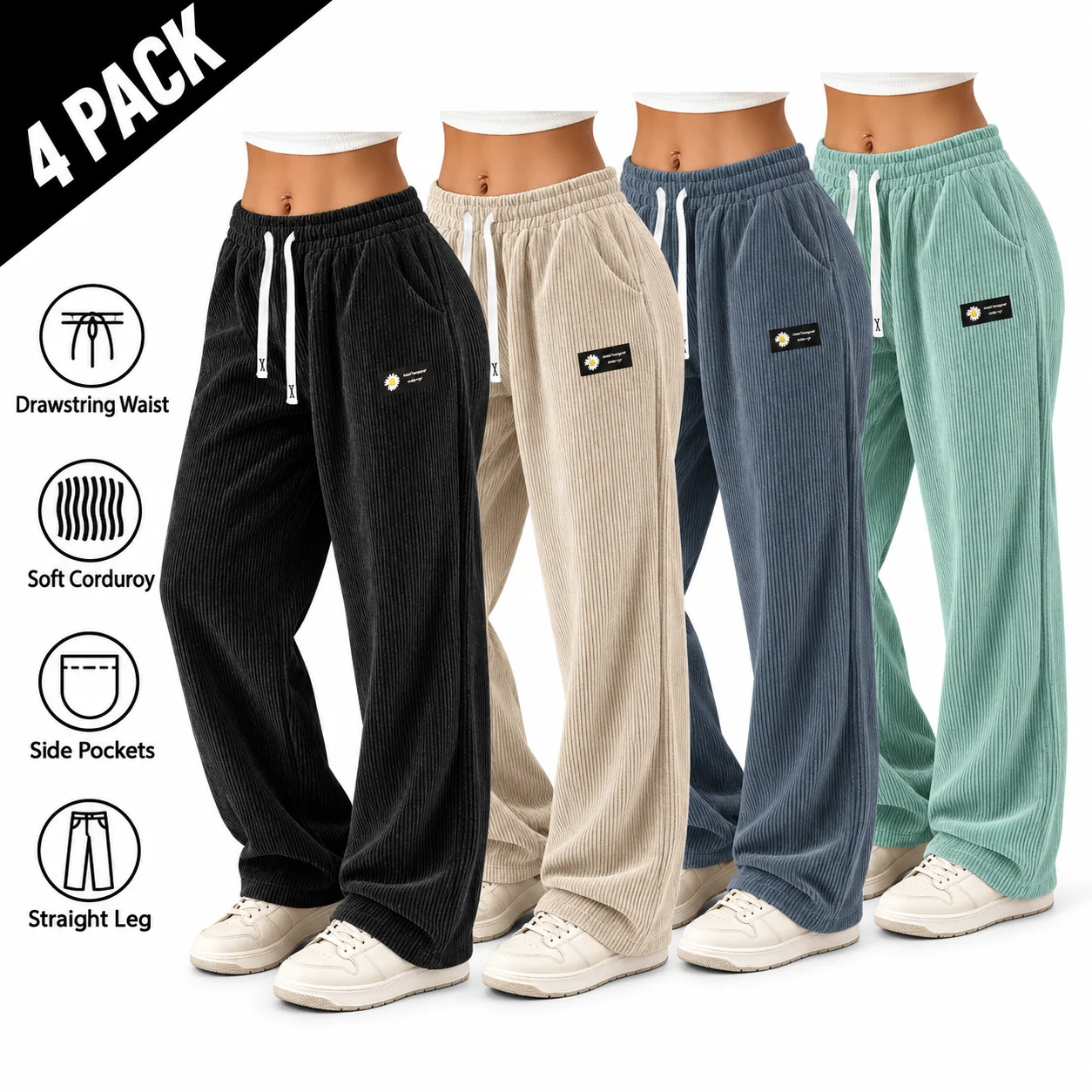 Women's Straight Leg Corduroy Pants with Drawstring Waist
