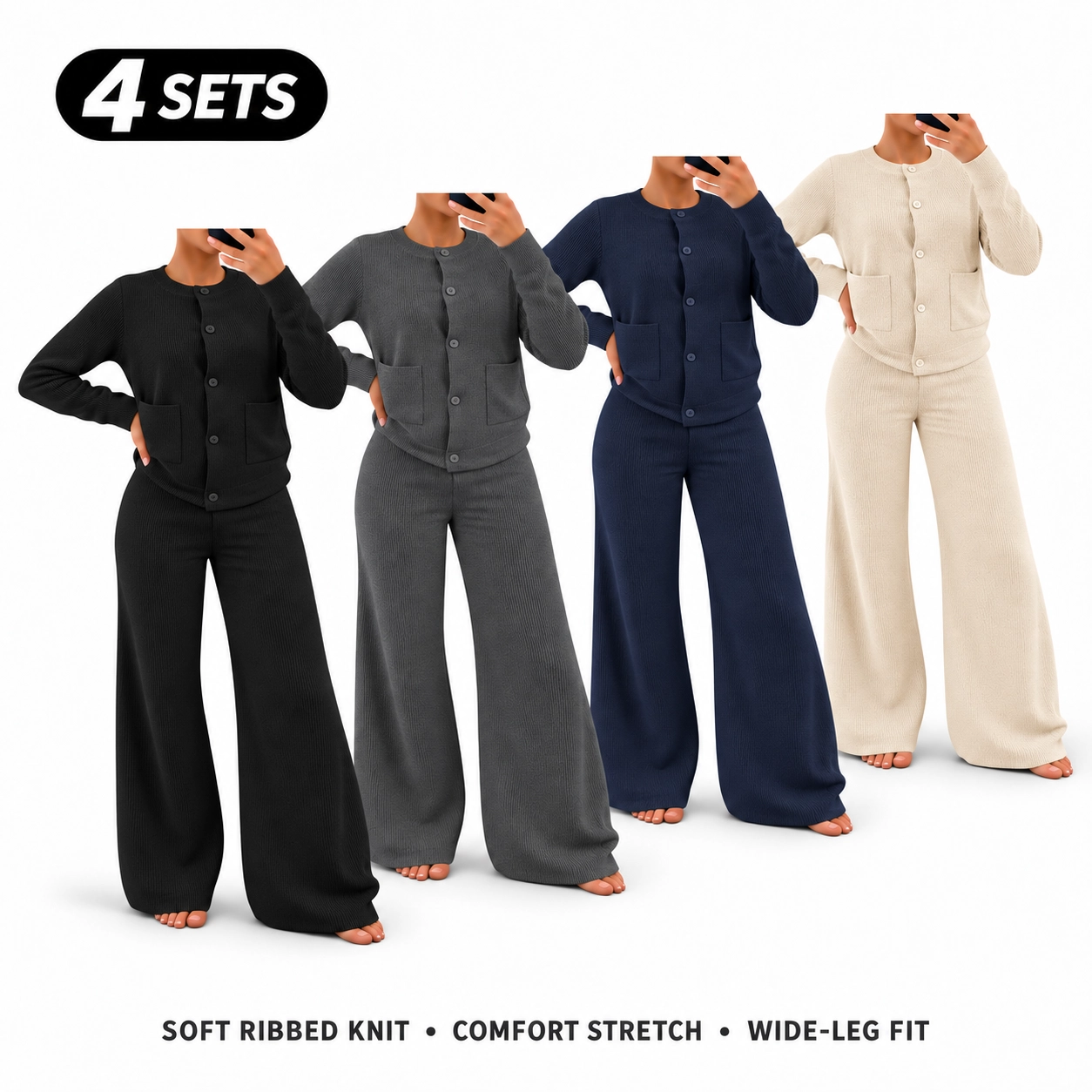 Women's Comfortable Round Neck Knit Sweater & High-Waist Wide-Leg Pants Set for Everyday Wear