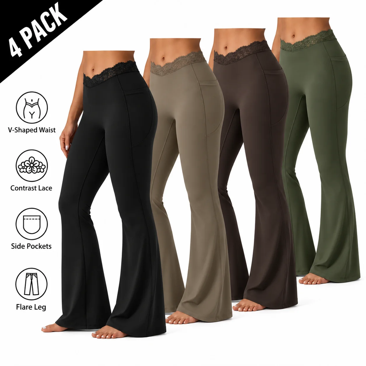 Women's UltraSculpt V-Shaped High Waisted Contrast Lace Yoga Flare Leggings with Pockets