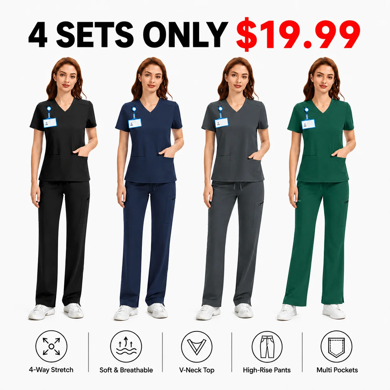 Women's 4-Way Stretch V-Neck Scrub Top & High-Rise Yoga Scrub Pants Set