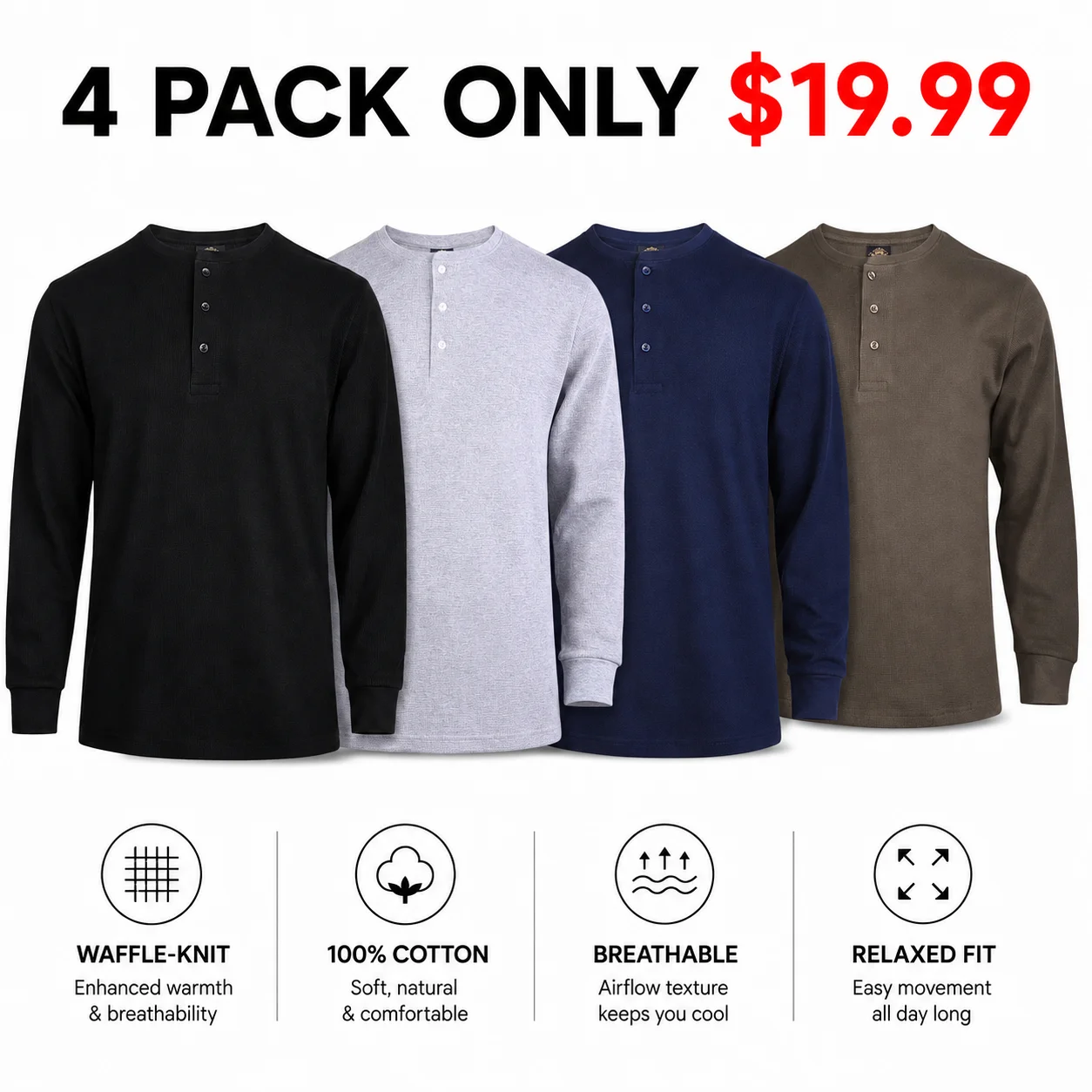 Men's Cotton Waffle-Knit Thermal Henley Shirt