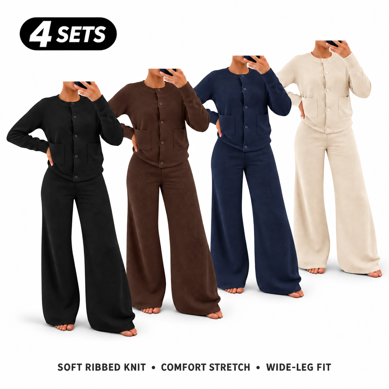 Women's Comfortable Round Neck Knit Sweater & High-Waist Wide-Leg Pants Set for Everyday Wear