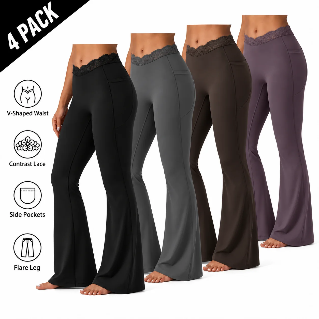 Women's UltraSculpt V-Shaped High Waisted Contrast Lace Yoga Flare Leggings with Pockets