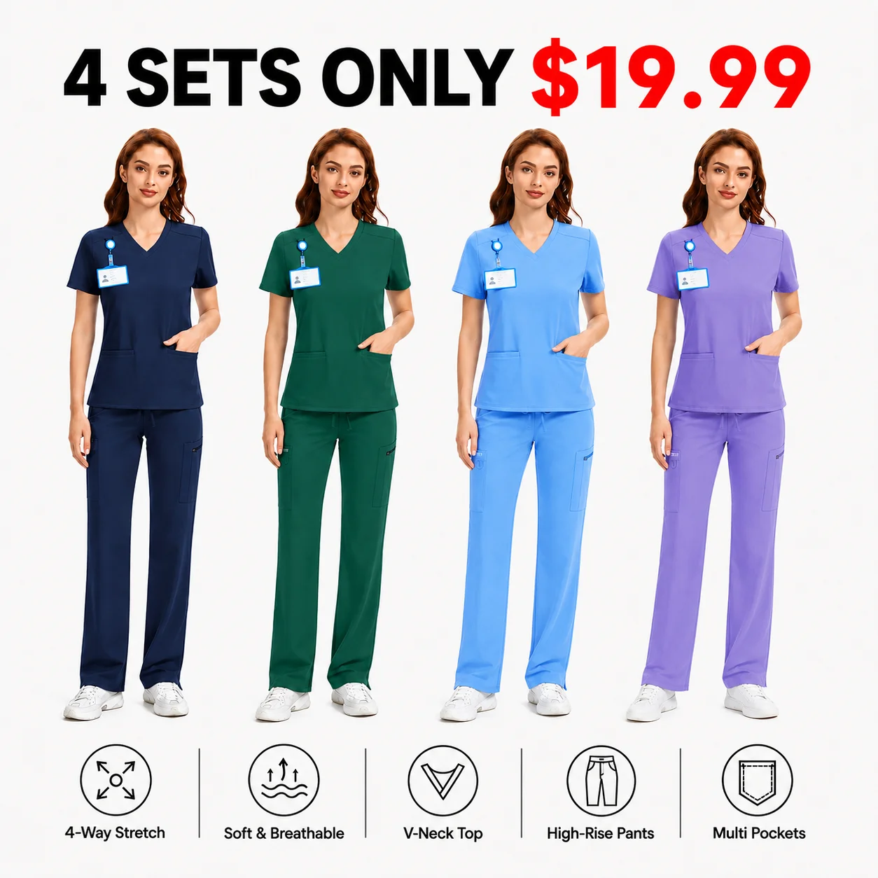 Women's 4-Way Stretch V-Neck Scrub Top & High-Rise Yoga Scrub Pants Set