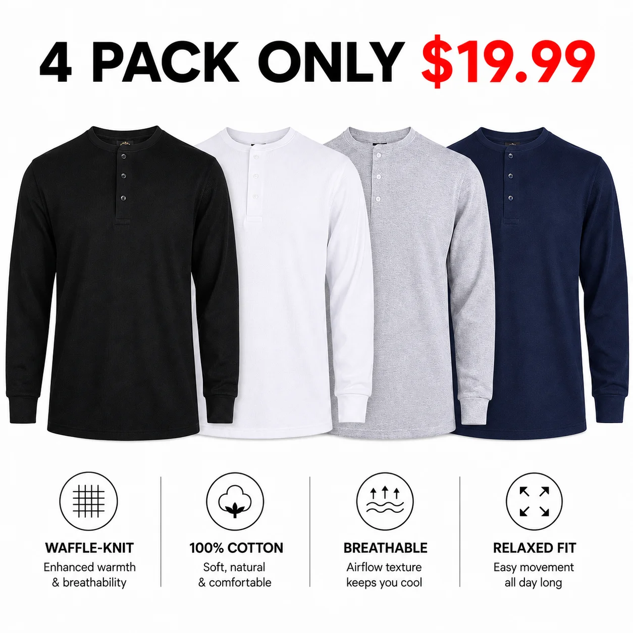 Men's Cotton Waffle-Knit Thermal Henley Shirt