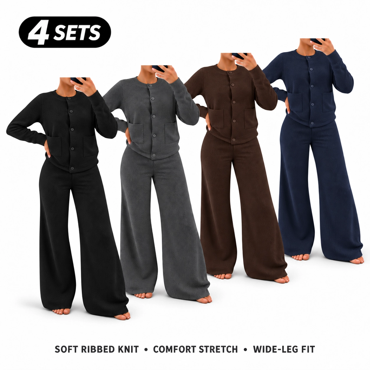 Women's Comfortable Round Neck Knit Sweater & High-Waist Wide-Leg Pants Set for Everyday Wear