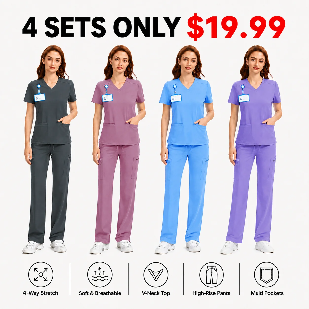 Women's 4-Way Stretch V-Neck Scrub Top & High-Rise Yoga Scrub Pants Set