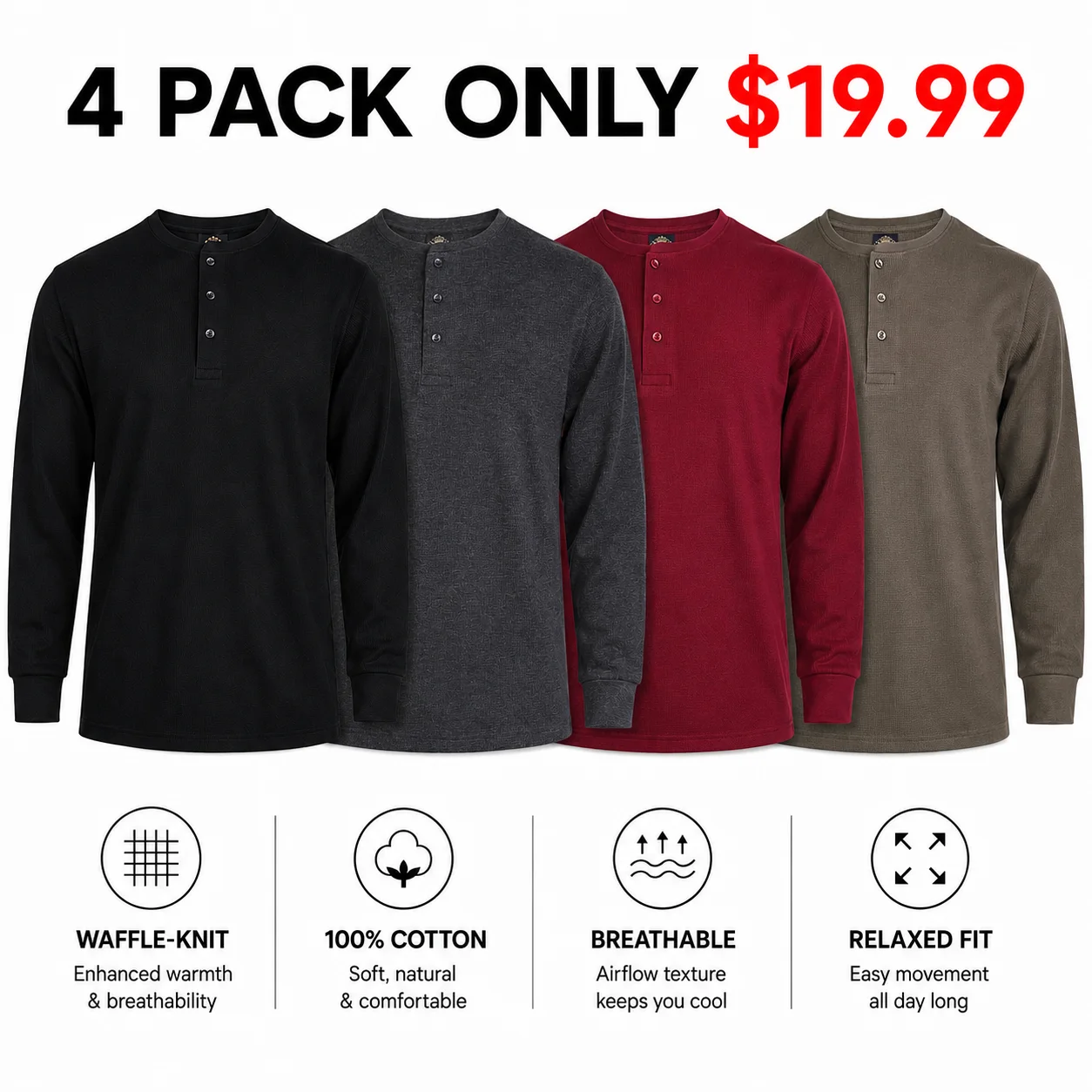 Men's Cotton Waffle-Knit Thermal Henley Shirt