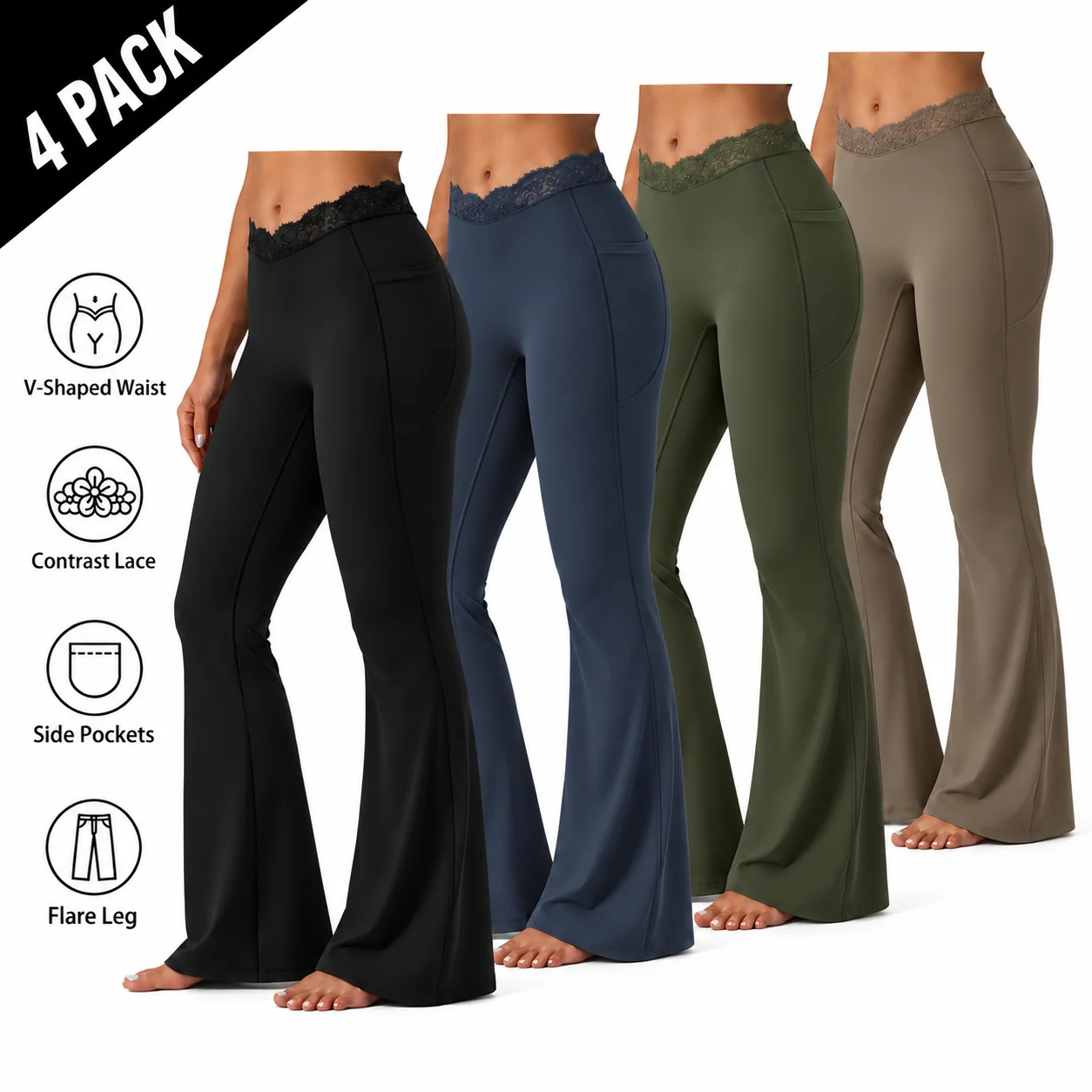 Women's UltraSculpt V-Shaped High Waisted Contrast Lace Yoga Flare Leggings with Pockets