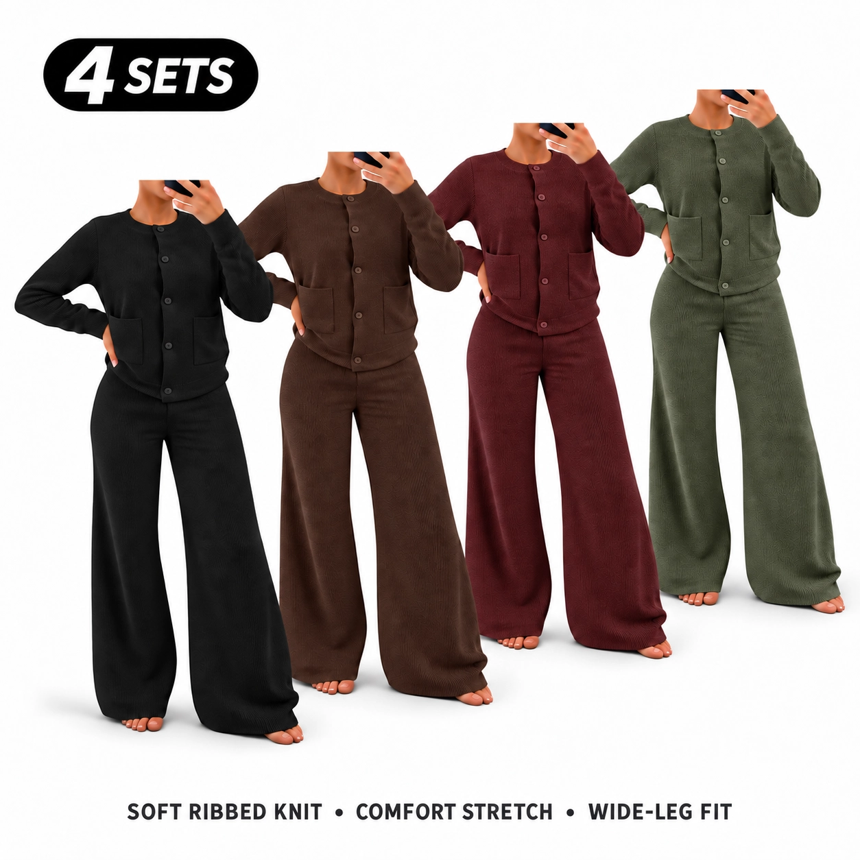 Women's Comfortable Round Neck Knit Sweater & High-Waist Wide-Leg Pants Set for Everyday Wear