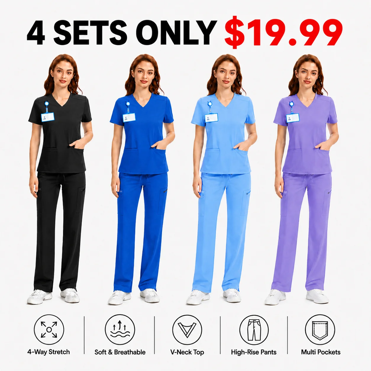 Women's 4-Way Stretch V-Neck Scrub Top & High-Rise Yoga Scrub Pants Set