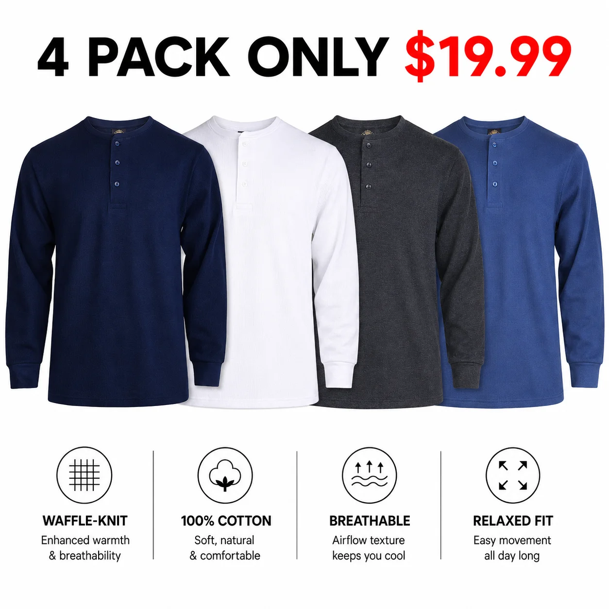 Men's Cotton Waffle-Knit Thermal Henley Shirt