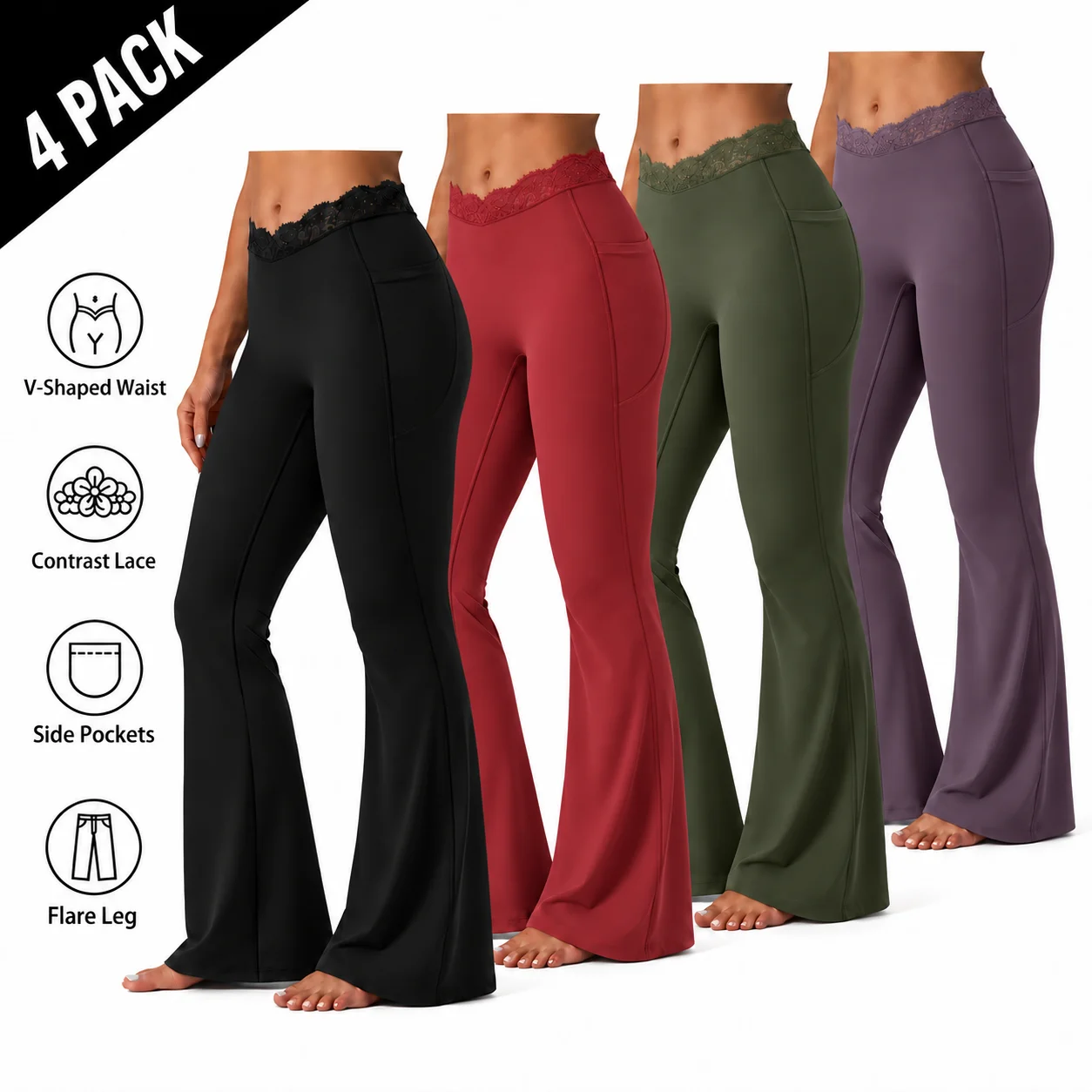 Women's UltraSculpt V-Shaped High Waisted Contrast Lace Yoga Flare Leggings with Pockets
