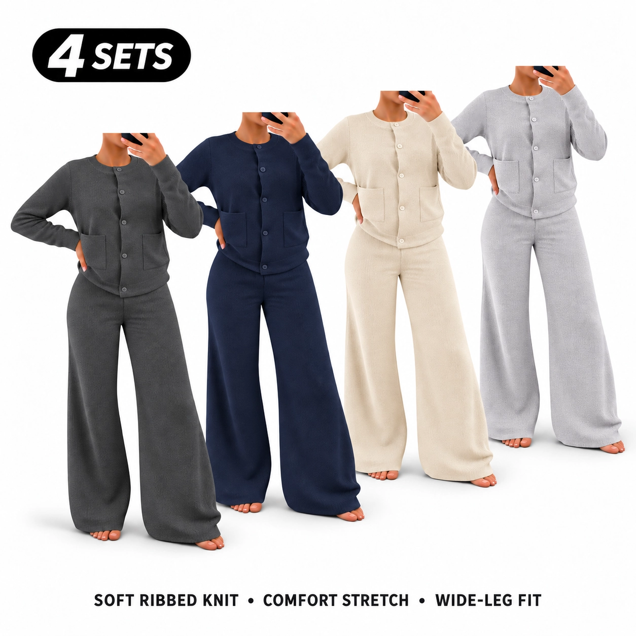 Women's Comfortable Round Neck Knit Sweater & High-Waist Wide-Leg Pants Set for Everyday Wear