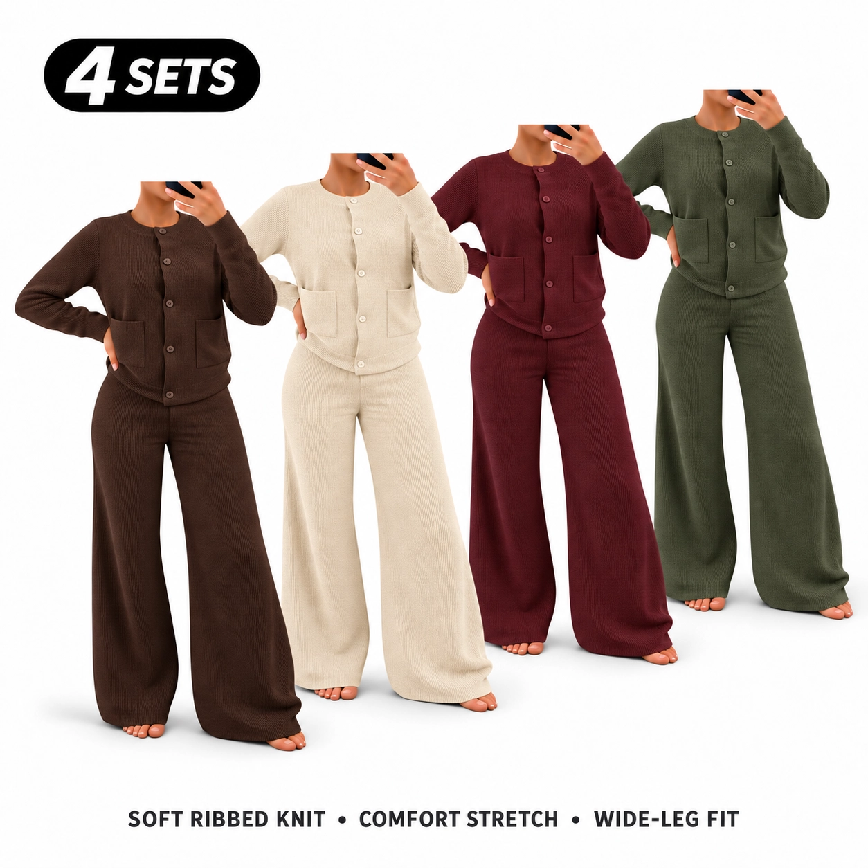 Women's Comfortable Round Neck Knit Sweater & High-Waist Wide-Leg Pants Set for Everyday Wear