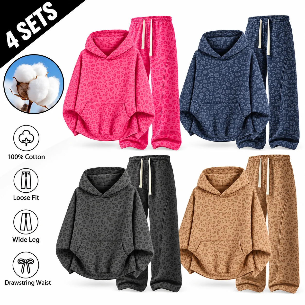 Men's 100% Cotton 2-Piece All-Over Leopard Print Streetwear Set - Loose-Fit Hoodie & Wide-Leg Pants