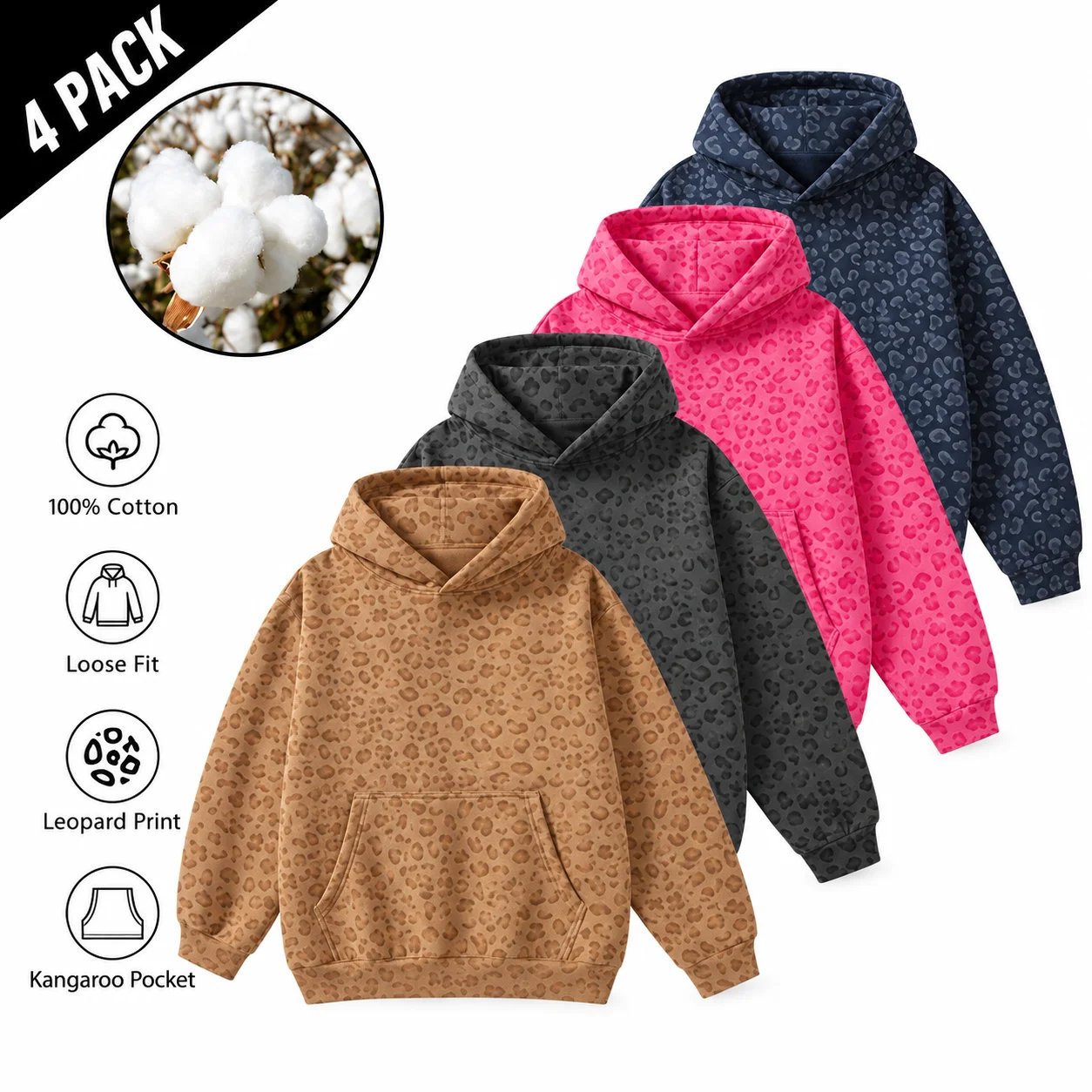 Unisex 100% Cotton Leopard Print Loose Fit Hoodie for Fall & Winter